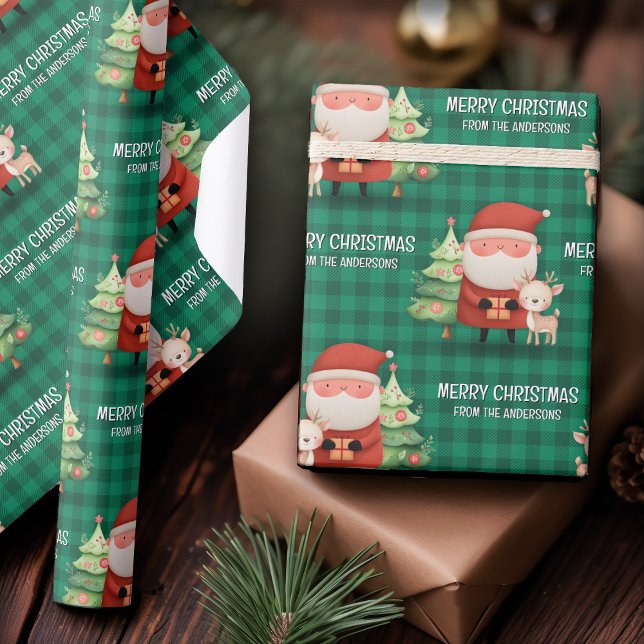 Cute Santa Reindeer Merry Christmas Name Green Geschenkpapier (Cute Santa Reindeer Merry Christmas Name Green Wrapping Paper)