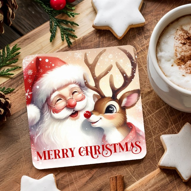 Cute Santa Rudolph Xmas Coaster Watercolor Design Rechteckiger Pappuntersetzer (Cute Santa Rudolph Xmas Coaster Watercolor Design

)