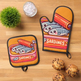Cute Sardines Fish Cartoon Ofenhandschuh & Topflappen-Set