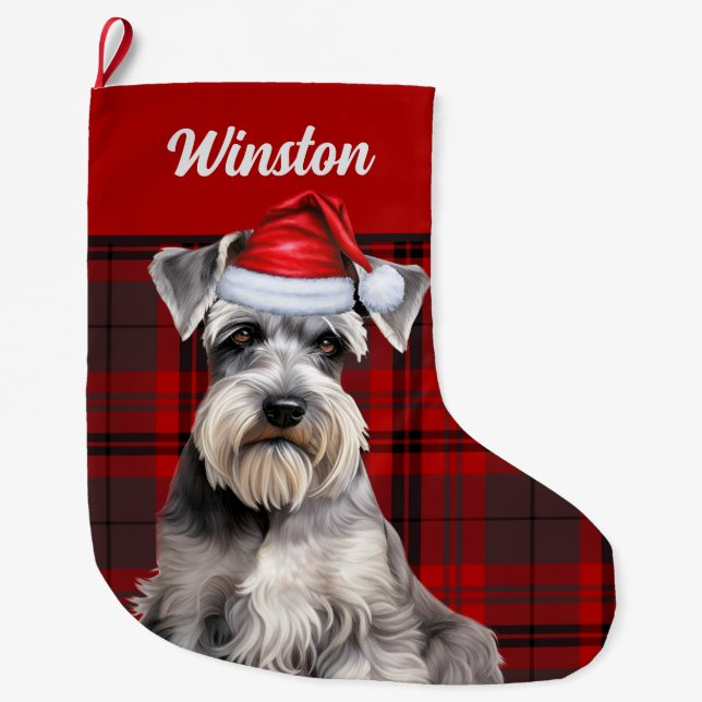 Cute Schnauzer Dog Holiday Plaid Personalized Großer Weihnachtsstrumpf (Vorderseite)
