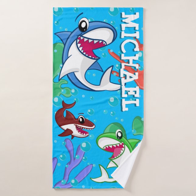 Cute Sea Life Shark Blue Ocean Nom des enfants (Serviette de bain)