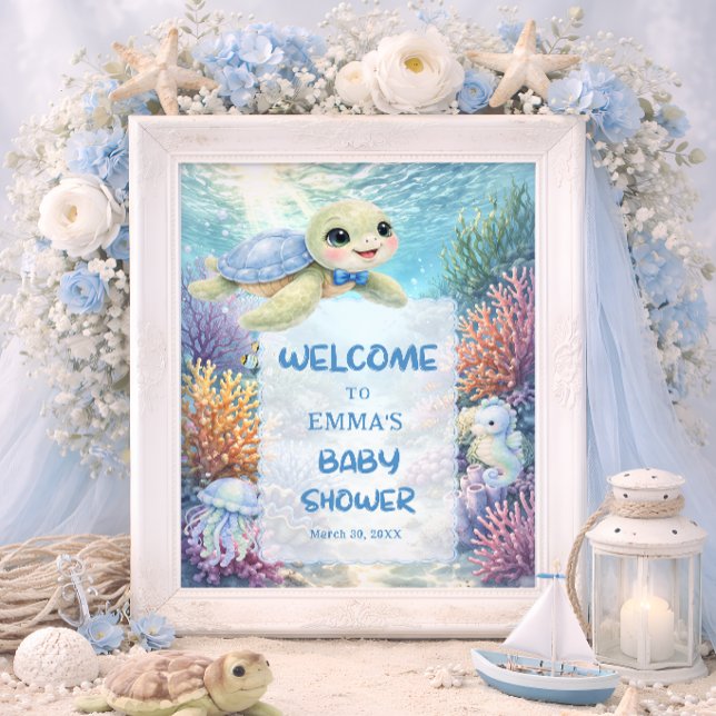 Cute Sea Turtle Boy Baby Shower Welcome Poster (Von Creator hochgeladen)
