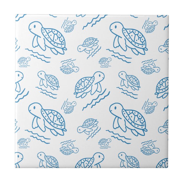 Cute Sea Turtle Nautical Doodle Pattern Fliese (Vorderseite)