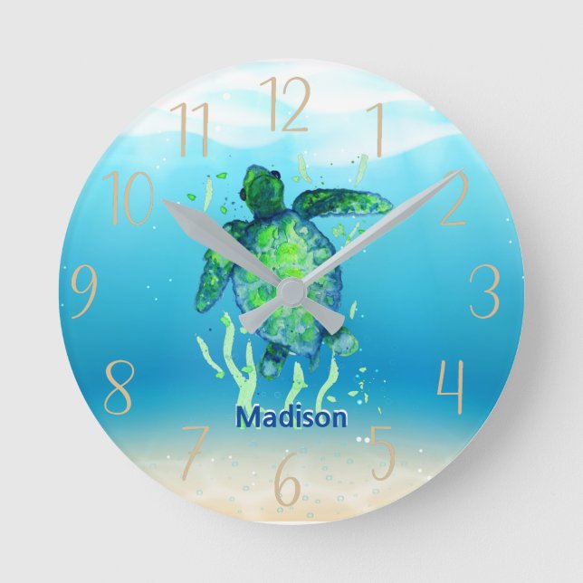 Cute Sea Turtle Personalized Gender Neutral   Runde Wanduhr (Vorderseite)