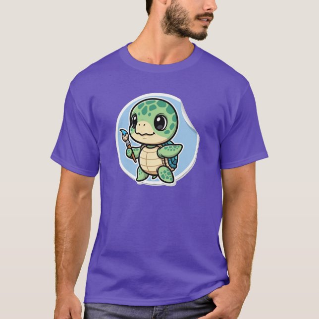 Cute Seaurtle With Paintbrush Kawaii Artist Animal T-Shirt (Vorderseite)