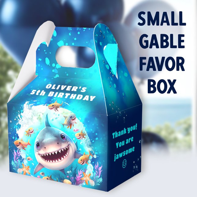 Cute Shark Boy Birthday Blue Party Fevor Box Geschenkschachtel (Shark Dark Blue Small Gable Favor Boxes - You can choose from 3 sizes of these gable favor boxes)