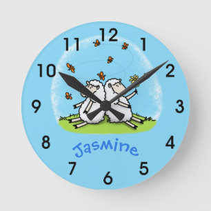 Cute sheep friends and butterflies cartoon round c runde wanduhr