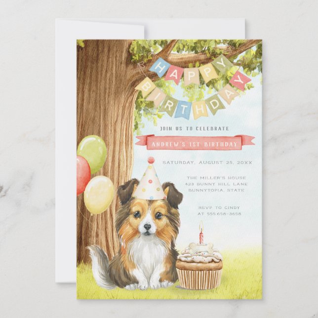 Cute Sheltie Chien Anniversaire Fête Invitation (Devant)