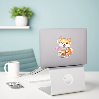 Cute Shiba Inu Dog Drinking Bubble Tea Add Name Aufkleber
