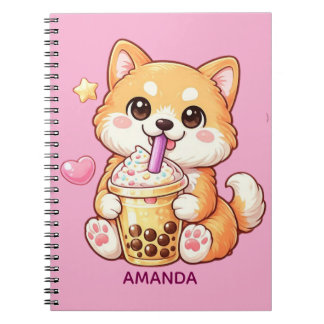 Cute Shiba Inu Dog Drinking Bubble Tea Add Name Notizblock