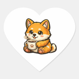 Cute Shiba Inu with Coffee – Cozy Dog Illustration Herz-Aufkleber