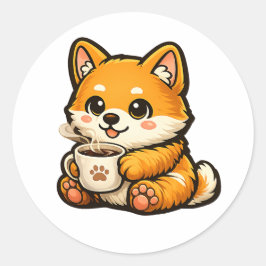 Cute Shiba Inu with Coffee – Cozy Dog Illustration Runder Aufkleber