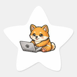 Cute Shiba Inu with Laptop – Cozy Dog Illustration Stern-Aufkleber