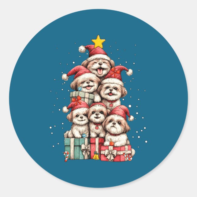 Cute Shih Tzu Le Dog Christmas Tree Xmas Hat Long  Runder Aufkleber (Vorderseite)