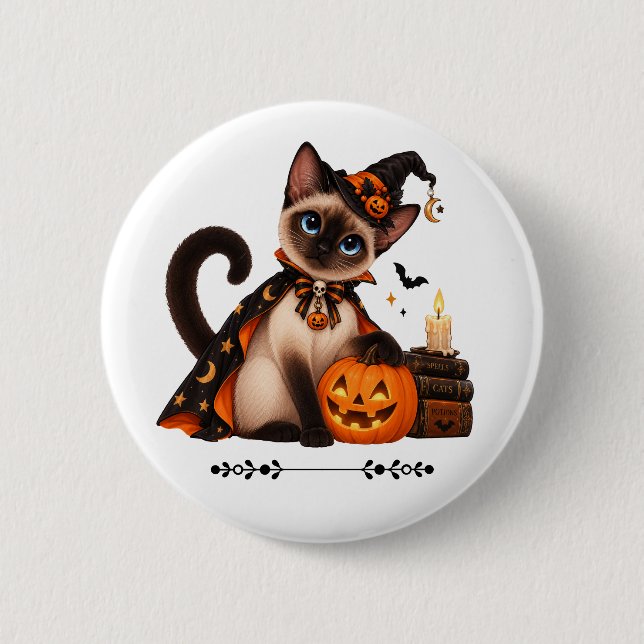 Cute Siamese Cat Witch Halloween Button (Vorderseite)