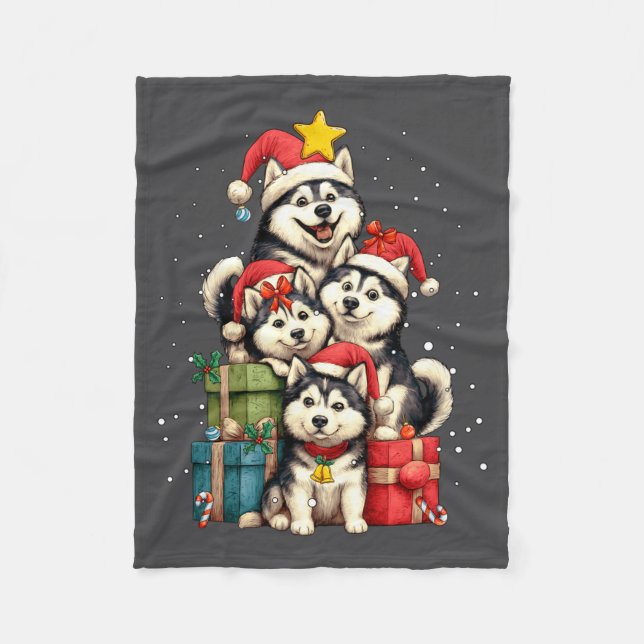 Cute Siberian Husky Le Dog Christmas Tree Xmas Hat Fleecedecke (Vorderseite)