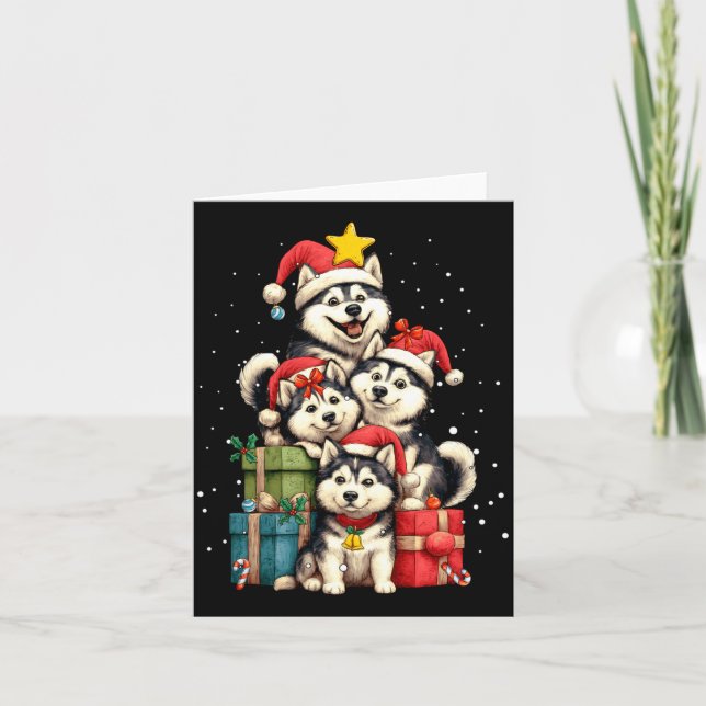 Cute Siberian Husky Le Dog Christmas Tree Xmas Hat Karte (Vorderseite)