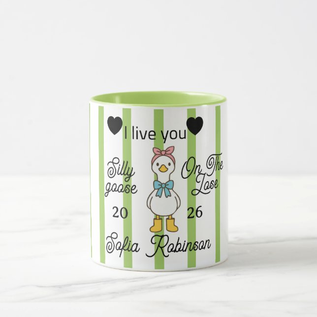 Cute Silly Goose Pink Stripe Personalized Mug (Centre)