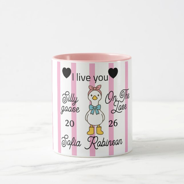 Cute Silly Goose Pink Stripe Personalized Mug Tasse (Zentrum)