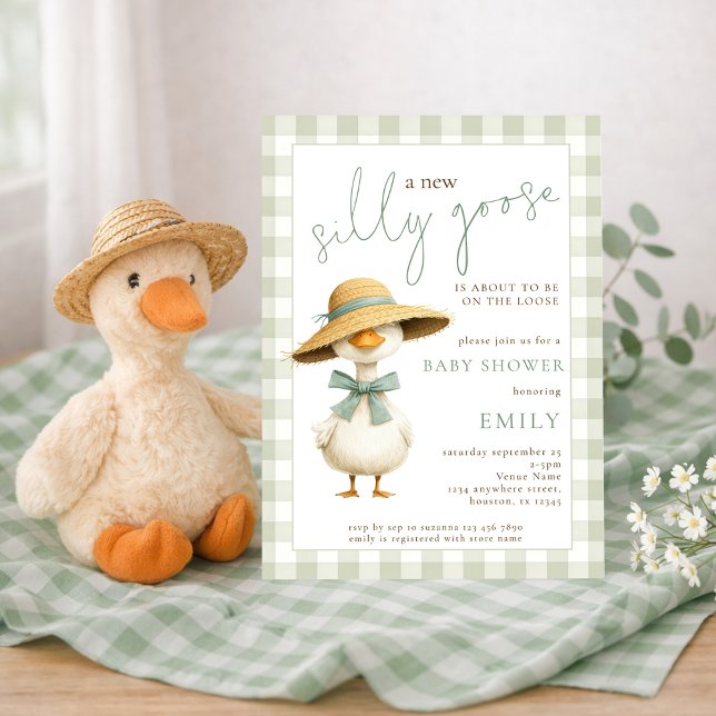 Cute Silly Goose Sage Gingham Baby Shower Einladung (Von Creator hochgeladen)