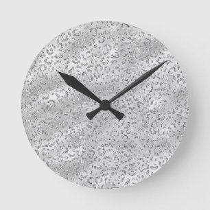 Cute Silver Cheetah Leopard Skin Print Pattern Runde Wanduhr