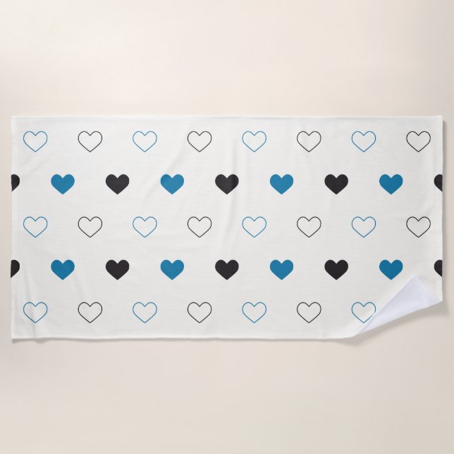 Cute Simple Heart Muster blau schwarz creme Strandtuch (Vorderseite)