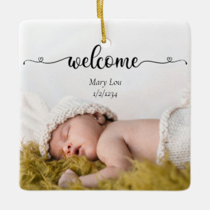 Cute Simple Welcome Baby Birth Photo Keramikornament