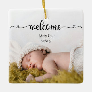 Cute Simple Welcome Baby Birth Photo Keramikornament