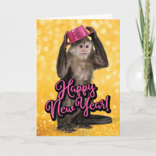 Cute Singe Avec Casquette De Fête Carte Nouvel An
