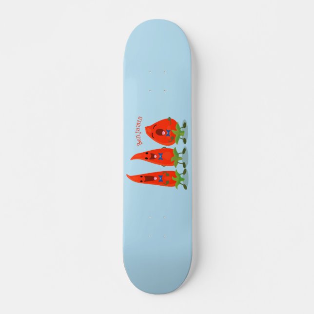 Cute singing chilli peppers cartoon illustration skateboard (Vorne)