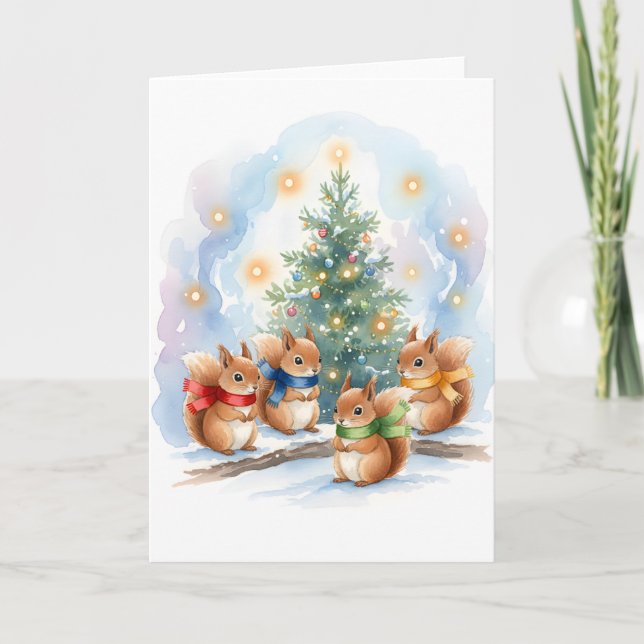 Cute Singing Woodland Squirrels Watercolor Holiday Karte (Vorderseite)