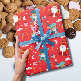 Cute Sinterklaas and Piet Pattern on Red Geschenkpapier