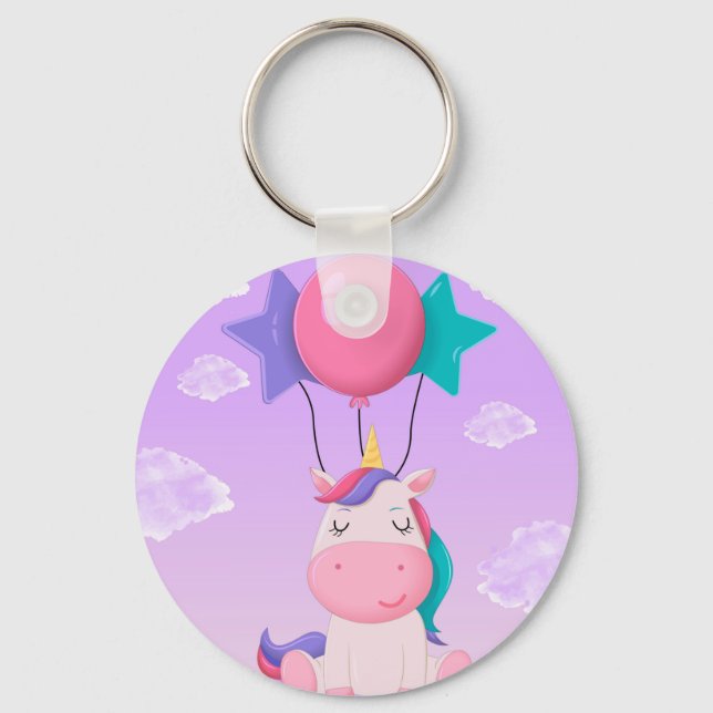 Cute Sitting Unicorn and Balloons Lilac Schlüsselanhänger (Vorderseite)