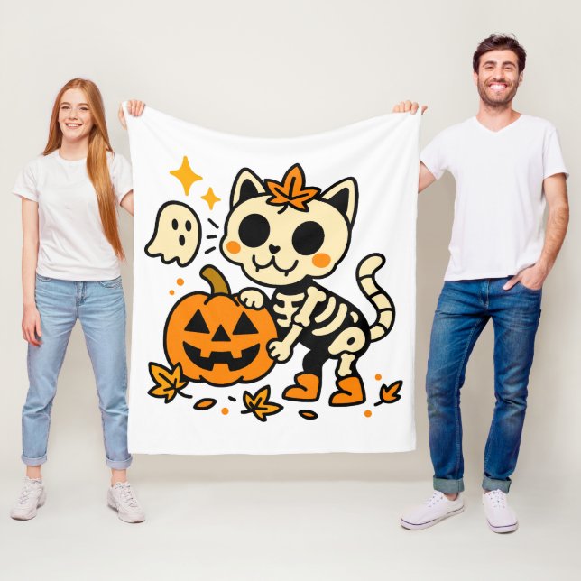 Cute Skeleton Cat with Pumpkin Fleece Blanket (Beispiel)