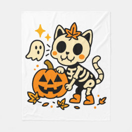 Cute Skeleton Cat with Pumpkin Fleece Blanket