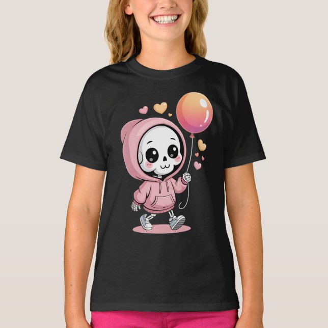 Cute Skeleton Holding Balloon Valentine Day Horror T-Shirt (Vorderseite)