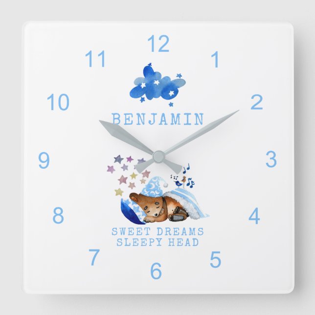 Cute Sleeping Bear Sweet Dreams Sleepy Head Boy Quadratische Wanduhr (Vorderseite)