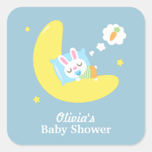 Cute Sleeping Bunny on Moon Baby Dusche Quadratischer Aufkleber