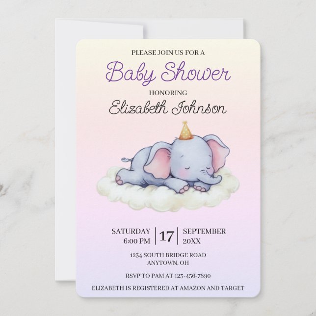 Cute Sleeping Elephant Baby Shower Invitation Einladung (Vorderseite)