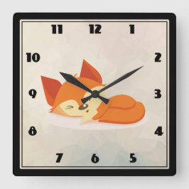 Cute Sleeping Orange Fox with Green Leaves Wreath Quadratische Wanduhr