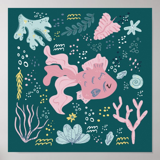 Cute Sleeping Pink Fish Underwater Doodle Poster (Vorne)