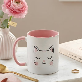 Cute Sleepy Kitty Face Pink & White Mug Tasse