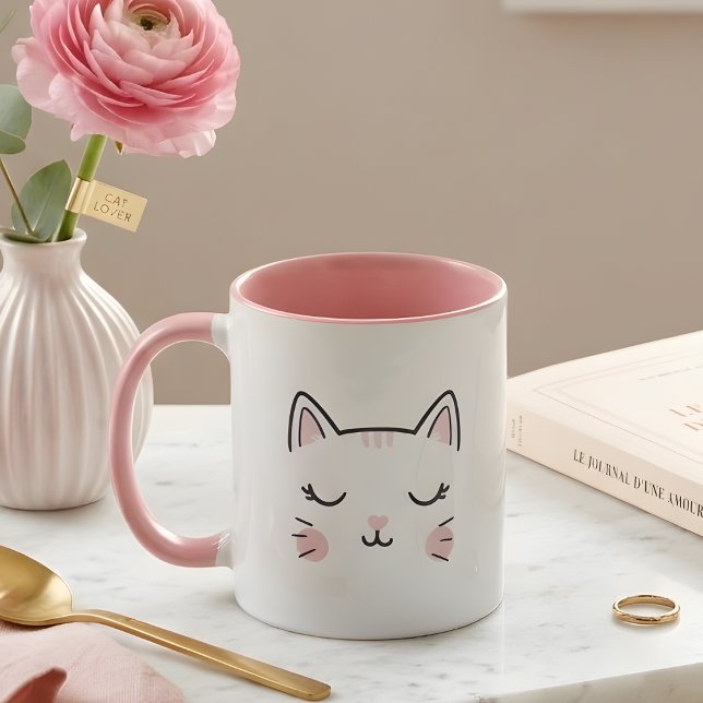 Cute Sleepy Kitty Face Pink & White Mug Tasse (Von Creator hochgeladen)