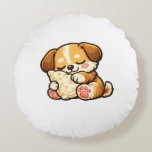 Cute Sleepy Puppy with Pillow Rundes Kissen<br><div class="desc">Adorable kawaii puppy cuddling a cozy pillow. Perfect cute design for dog lovers and cozy vibes.</div>