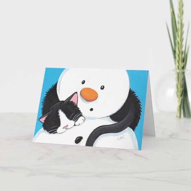 Cute Sleepy Tuxedo Chat et carte de Noël Snowman (Devant)