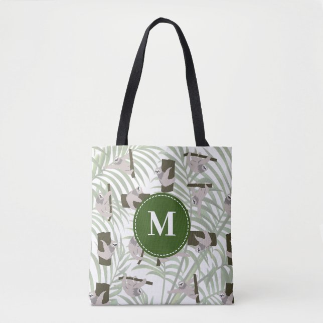 Cute Sloth Animal Pattern in Wild Forest Monogram Tasche (Vorderseite)