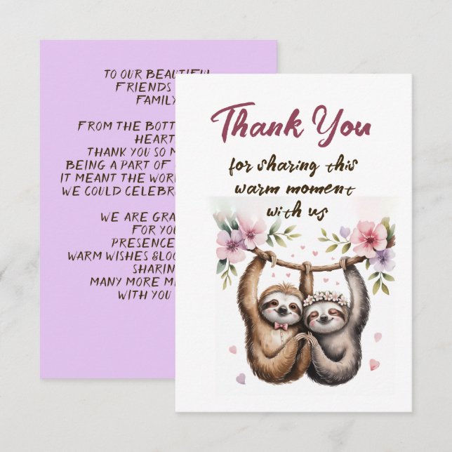Cute Sloth Couple Wedding Thank You Dankeskarte (Vorne/Hinten)