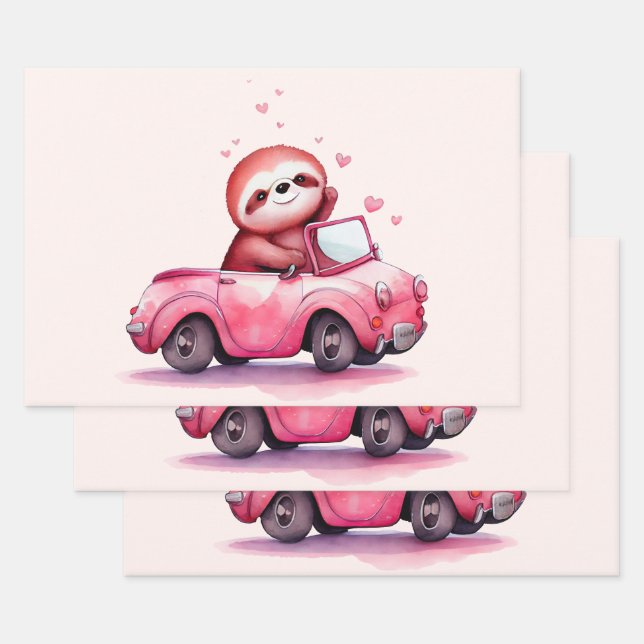Cute Sloth Driving a Pink Convertible Geschenkpapier Set (Set)