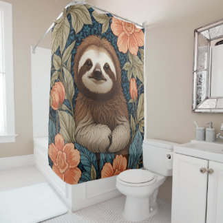 Cute Sloth Elegant Floral William Morris Inspired Duschvorhang
