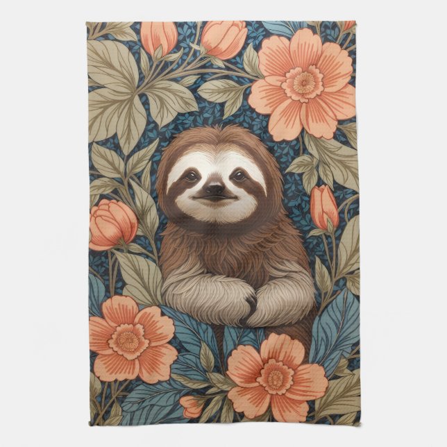 Cute Sloth Elegant Floral William Morris Inspired Geschirrtuch (Vertikal)